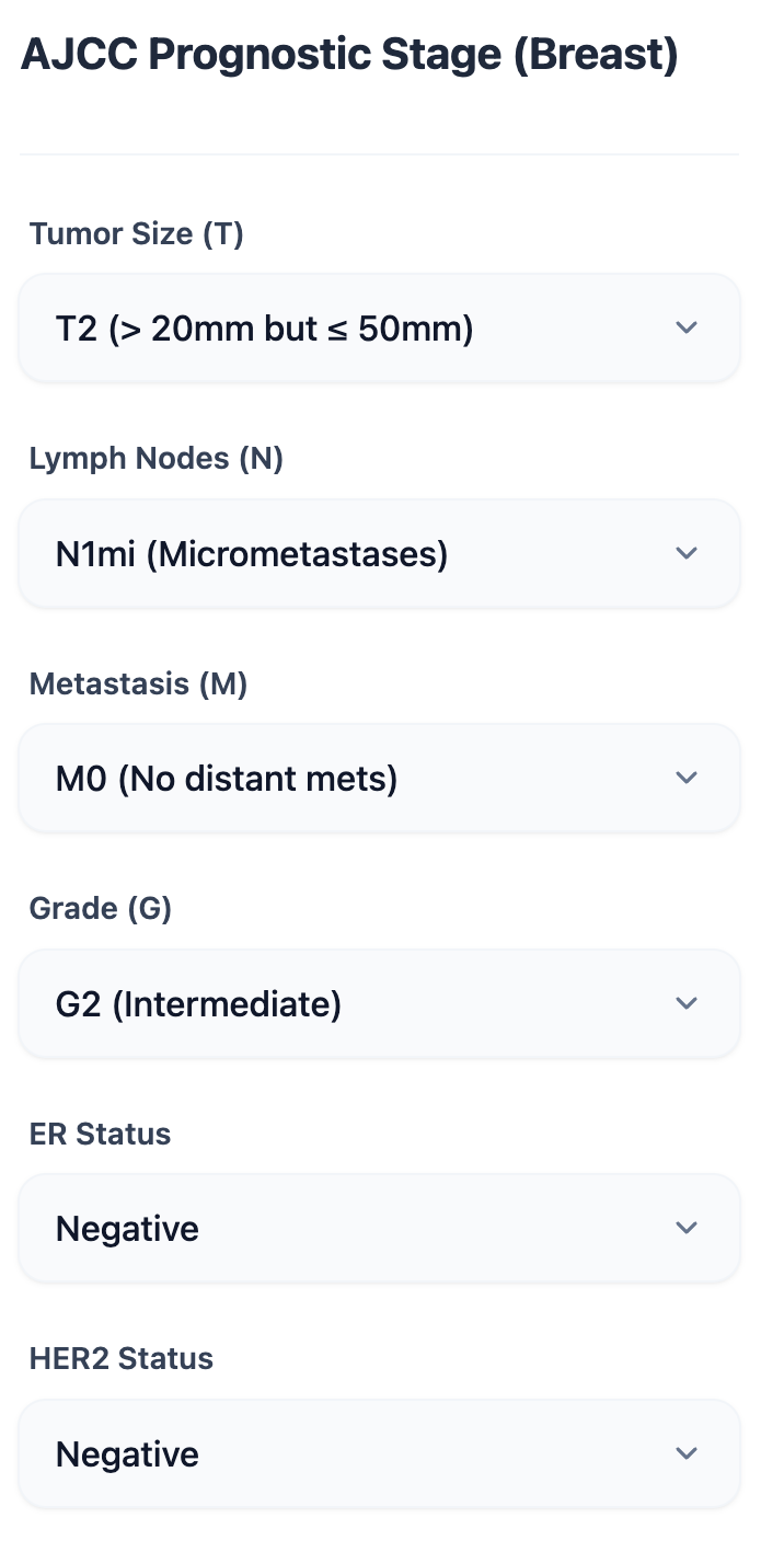 The input interface of the OncoToolkit AJCC Prognostic Stage (Breast) calculator