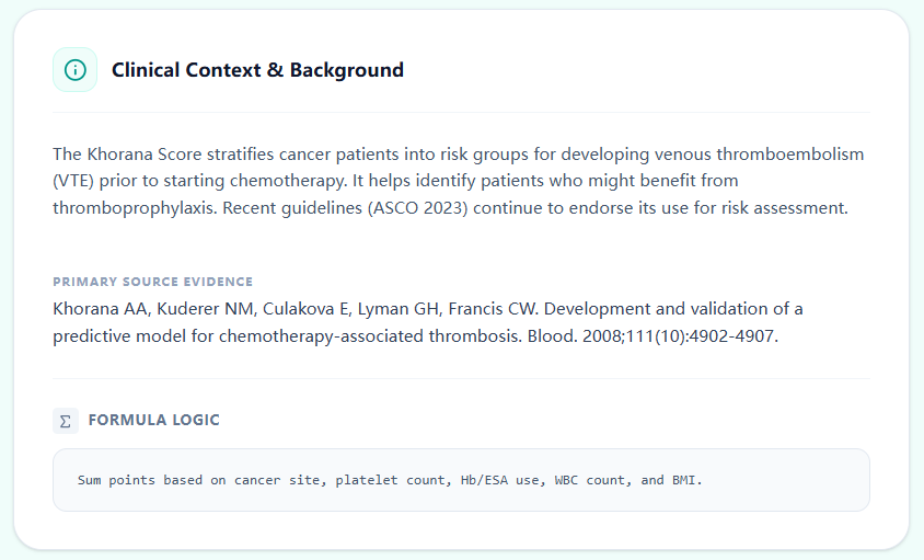 Clinical context panel summarizing Khorana Score variables