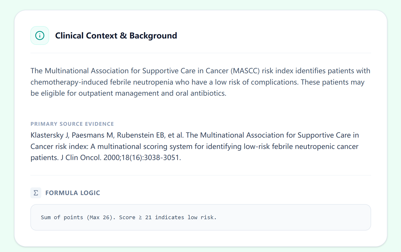 MASCC calculation logic traceability