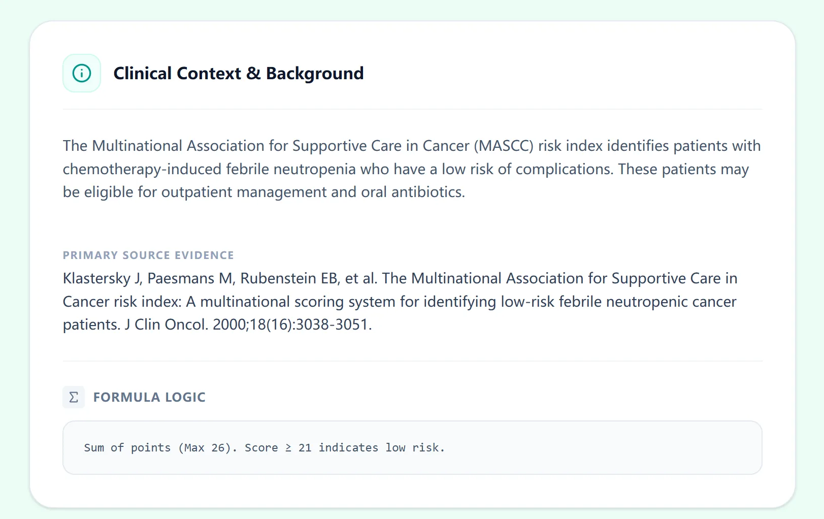 MASCC calculation logic traceability
