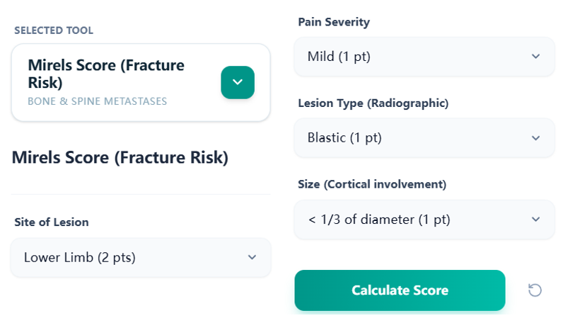 Mirels Score Calculator input form