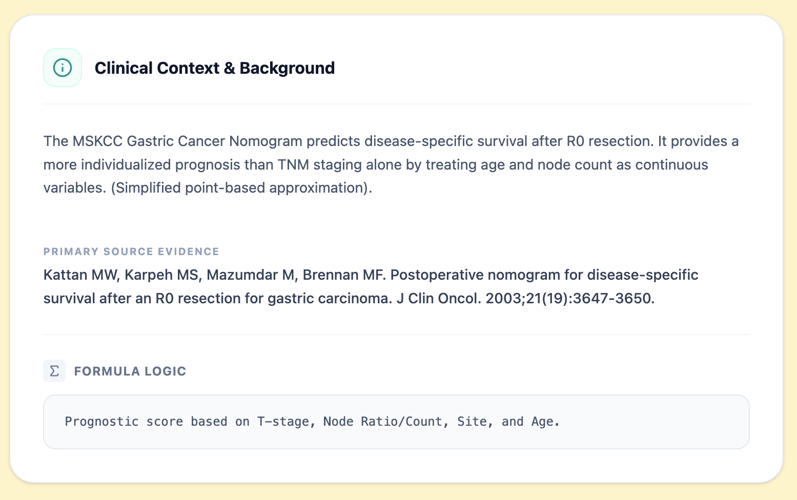 Clinical context panel of the MSKCC Gastric Cancer Nomogram