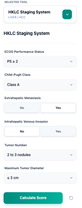 Figure 1. HKLC calculator input interface showing ECOG, Child‑Pugh, metastasis, vascular invasion, tumor number, and size fields.