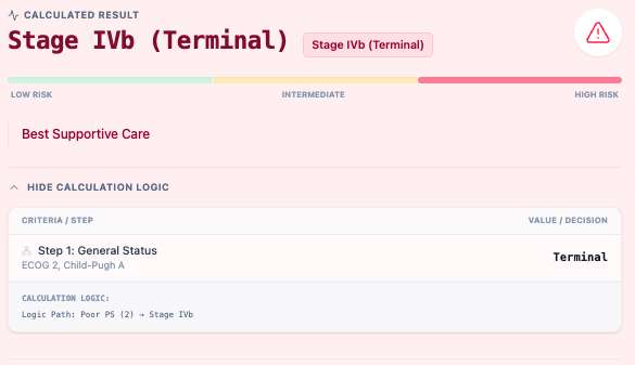 Figure 4. Example HKLC output showing Stage IVb (Terminal) classification, treatment recommendation, and stepwise calculation logic.