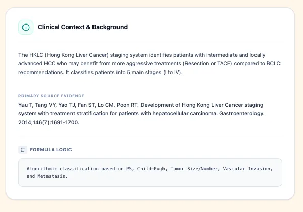 Figure 2. Clinical context and background panel summarizing HKLC purpose, primary citation, and formula logic.