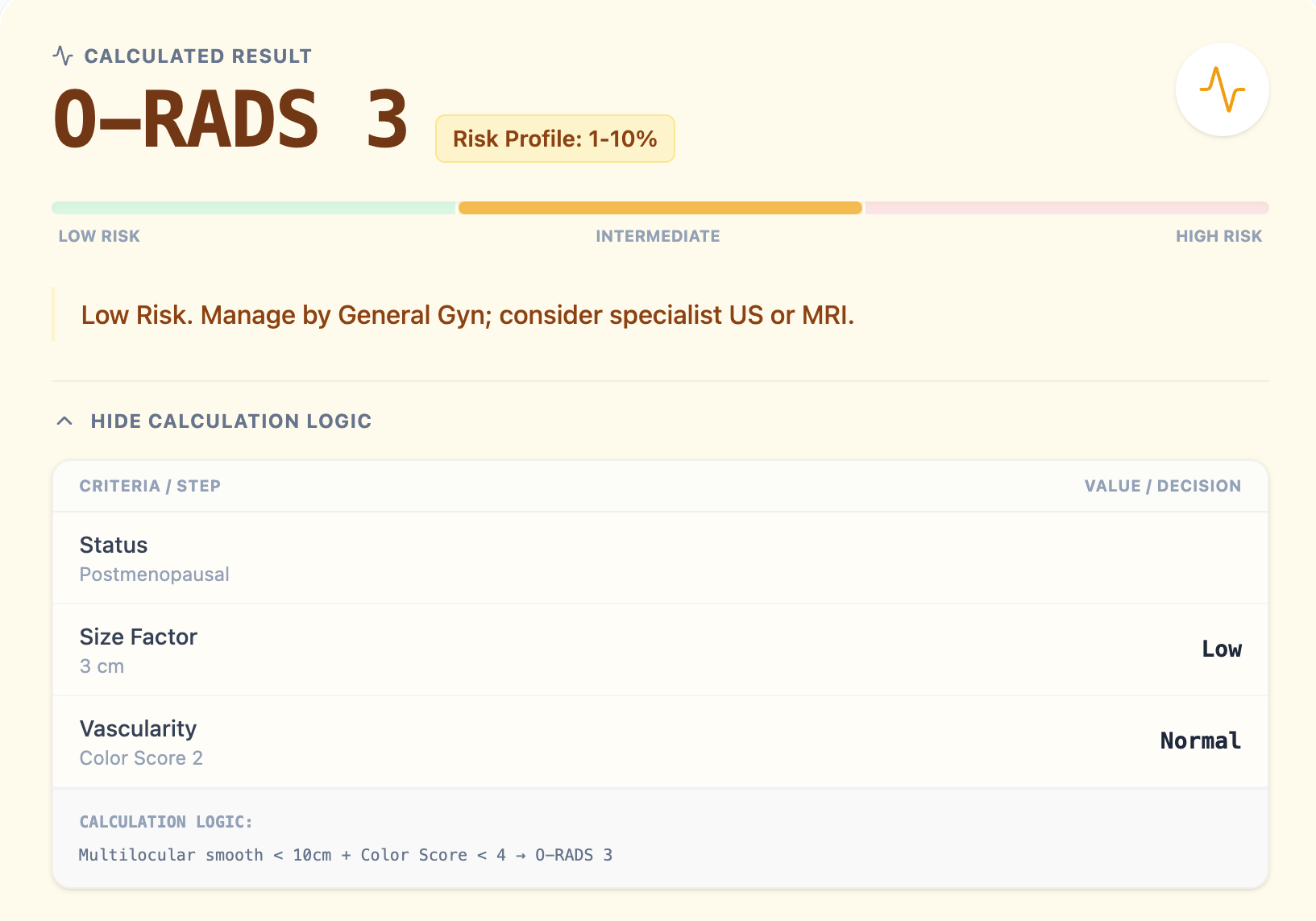 Example O-RADS calculator result